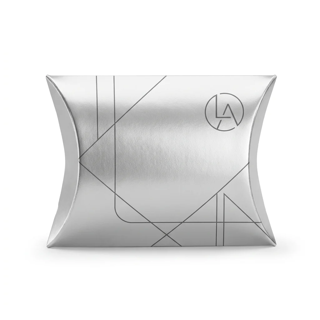 Silver pillow box with metallic finish, front view