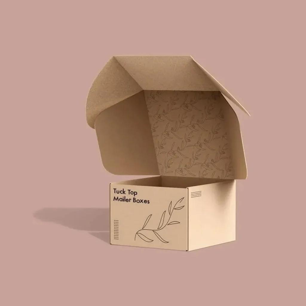 Open kraft paper box with a printed leaf pattern inside the lid