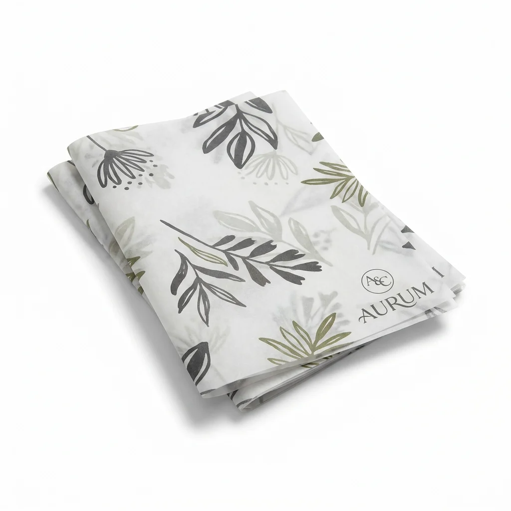 Sheet of custom tissue paper wrapped around a product